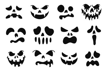 Fototapeta premium Spooky Halloween faces set. Collection scary pumpkin carving templates and creepy facial expressions in flat style. For party decorations, stickers, posters, crafts and holiday designs.