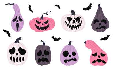 Fototapeta premium Set spooky Halloween pumpkins with scary faces and bats. Cute pink, purple and white pumpkins collection in flat style for holiday decorations, party invitations, stickers or posters.