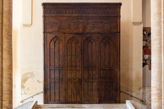 Historic wooden choir screen inside the Cathedral of Santa Maria Assunta in Atri, Abruzzo, Italy &ndash; June 1, 2026