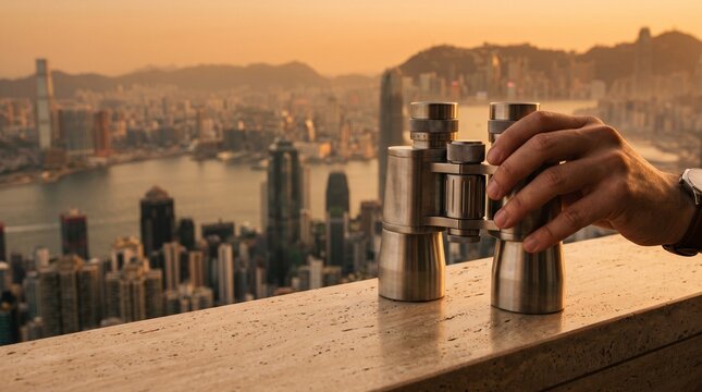 Metal binoculars on balcony overlook hong kong harbor skyline at sunset creating atmospheric urban travel concept with cityscape view from high viewpoint altitude.