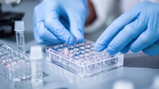 Gloved hands transferring small thyroid hormone tablets into counting tray in pharmacy