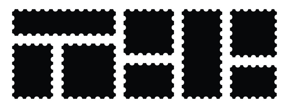 Postage stamp set. Set of blank rectangle and square Postage stamp frames. Blank postage stamp. Clean postage stamp template. Postage icon. Mockup postage stamps. Blank postage stamp borders template.