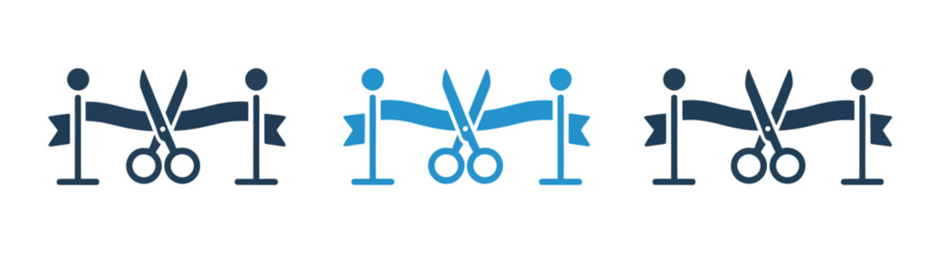 set of three flat vector icons representing a grand opening ceremony with scissors cutting a ribbon between two stanchions, blue and black color variations, business inauguration and ribbon cutting ev