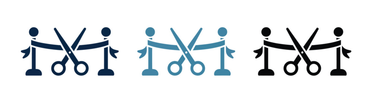 grand opening ribbon cutting icon set featuring scissors, ceremonial ribbon and stanchions in flat blue and black styles, business launch and inauguration concept, professional editable vector icons i