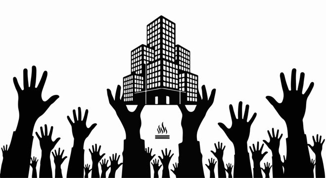 Hands reach up to support a towering skyscraper, symbolizing ambition and urban development.