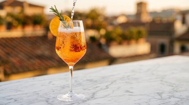 Refreshing orange spritz cocktail being poured into stemmed glass with rosemary garnish on marble ledge overlooking blurred sunset city rooftop view in summertime.