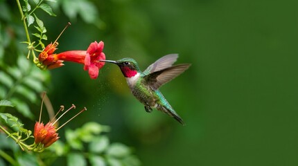 Small vibrant ruby throated hummingbird hovering in mid air while feeding on red trumpet vine flower during sunny day in lush garden with soft green natural blur. © Muktalal