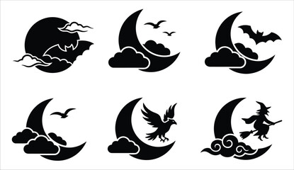 Obraz premium Halloween silhouette icons bats birds witch on moon