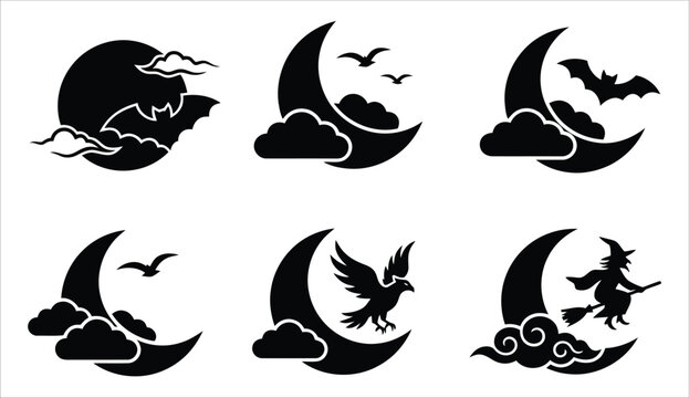 Halloween silhouette icons bats birds witch on moon