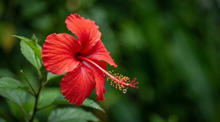 Vibrant red hibiscus flower with lush green blurred natural background petals showcase intricate textures delicate stamen drops of water capturing morning dew essence. © Muktalal