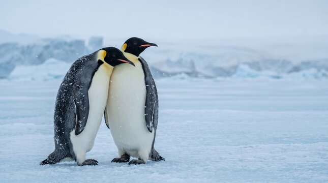Two emperor penguins stand close on icy landscape showing natural bond and resilience to cold temperatures in antarctica with copy space.