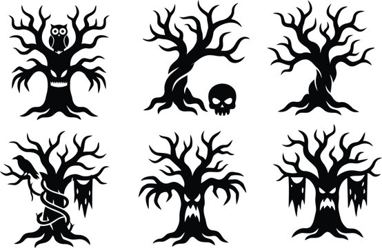 Halloween tree silhouettes with spooky elements