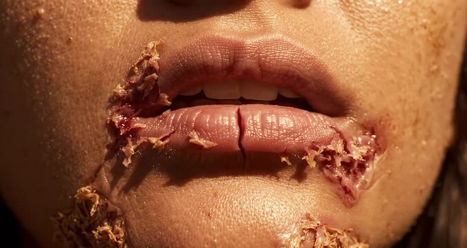Severe Cracked Lips and Dry Skin from Heat Stroke and Dehydration