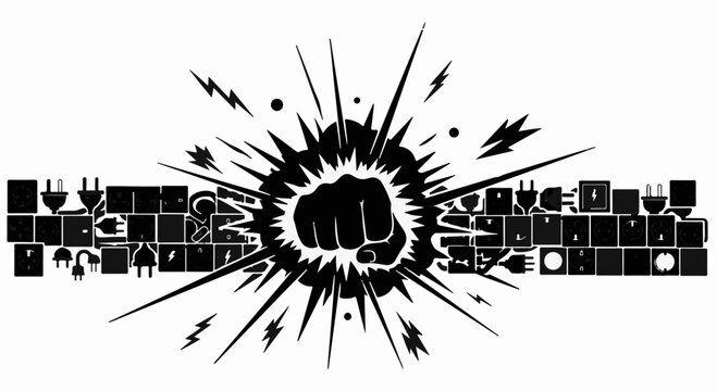 Powerful fist bursting through a wall of electrical outlets and plugs, symbolizing energy and impact.
