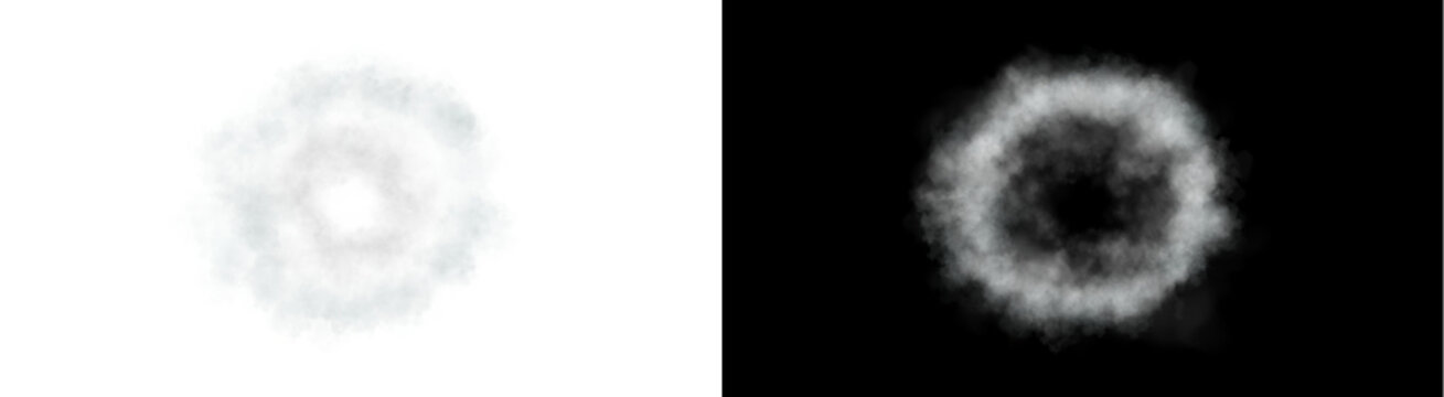 A soft white circular smoke ring cloud effect floating in the air rendered with high detail on transparent PNG background