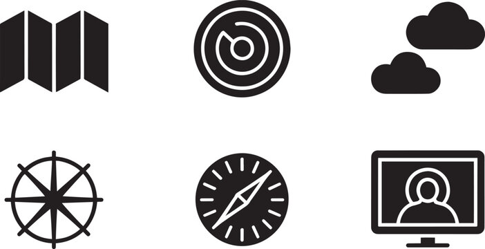 Navigation symbols include a folded map, radar, clouds, a ship wheel, a compass, and a digital monitor.