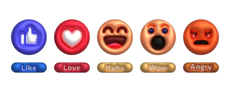 3D Social Media Reaction Icon Set, Vector Emojis Isolated on White Background