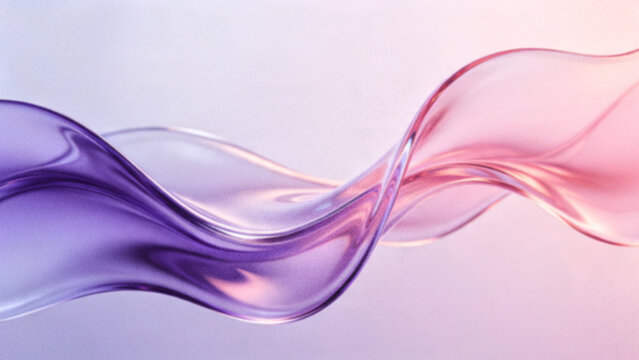 Abstract grainy holographic background with flowing translucent glass fluid waves in pastel purple pink and peach gradient colors for innovative tech promotions.