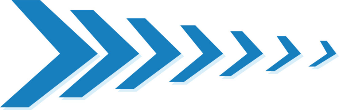 Blue chevron arrows moving forward in a sequence against a white background representing progress and speed