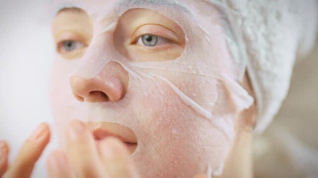 In a bright bathroom, a girl in a white robe with a towel wrapped around her head stands before the mirror, gently smoothing a white aloe-vera fabric mask over her face for an even, moisturizing fit