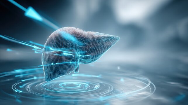Central liver model with holographic dynamics representing paracentesis flow