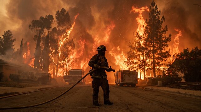 Firefighter facing massive wildfire flames in forest at night with burning trees and flying sparks