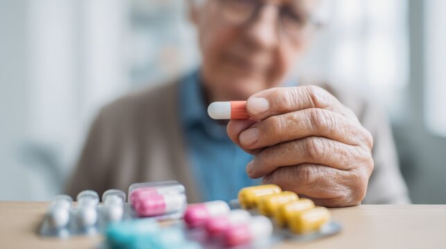 Elderly patient holding a medication capsule in a medical setting with various pills