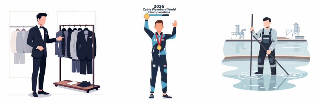 Professional attire, athlete medalist, and cable wakeboarder flat vector illustration