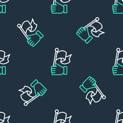 Obraz premium Line Hand holding flag icon isolated seamless pattern on black background. Victory, winning and conquer adversity concept. Vector