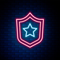 Obraz premium Glowing neon line Police badge icon isolated on brick wall background. Sheriff badge sign. Shield with star symbol. Colorful outline concept. Vector