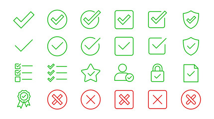 Checkmark and cross line icon set with editable stroke. Collection of green check mark, red wrong X mark, approved, rejected, and validation vector icons pack. © stock9999