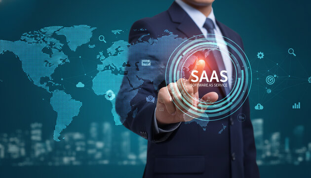 Business executive selecting software as a service cloud solution on interactive digital display.
