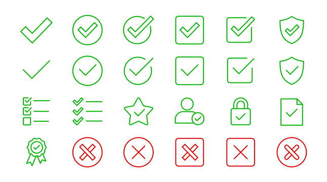 Checkmark and cross line icon set with editable stroke. Collection of green check mark, red wrong X mark, approved, rejected, and validation vector icons pack.