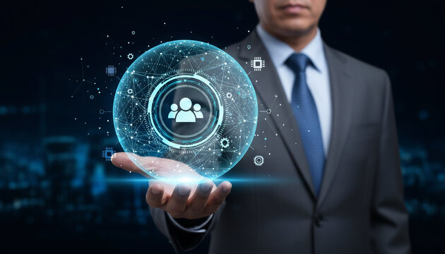 Business man holding digital sphere with network of people and technology icons.