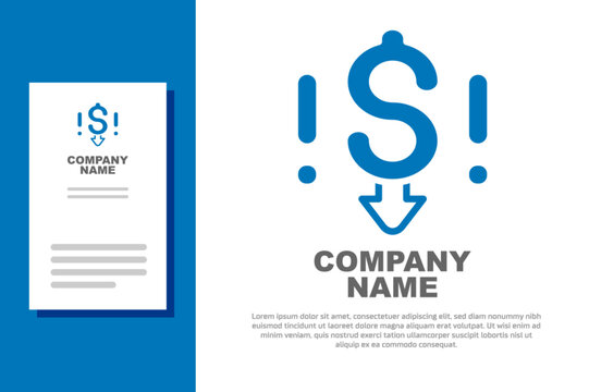 Blue Dollar rate decrease icon isolated on white background. Cost reduction. Money symbol with down arrow. Business lost crisis decrease. Logo design template element. Vector