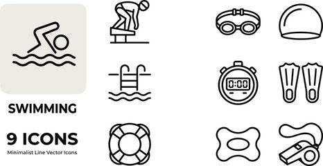 Minimalist line swimming icon set featuring pool equipment athlete training safety symbols for aquatic sports fitness and recreation © Mst Joyna Begum