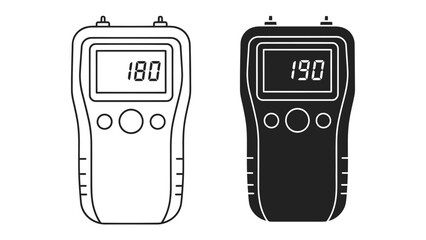 Digital Moisture Meter Icon: Two digital moisture meters, one outlined in white and the other in solid black, display different readings on their screens, symbolizing measurement and assessment. © abidakhatun
