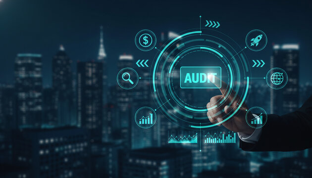 Businessman analyzing audit data on digital dashboard in modern city environment.