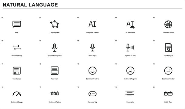 infographic icons for natural language processing and AI translation services