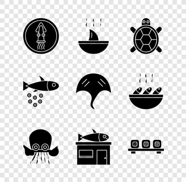 Set Octopus on a plate, Shark fin soup, Turtle, Seafood store, Sushi cutting board, Fish with caviar and Stingray icon. Vector
