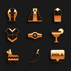 Set Wrestling championship belt, Hot chili pepper pod, Hola, Margarita cocktail, Pinata, Poncho, Burrito and Mexican wrestler icon. Vector © vector_v