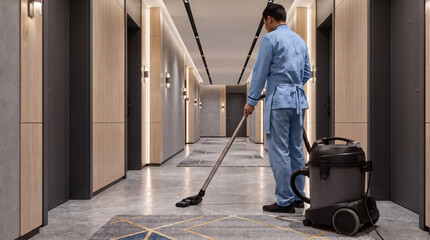 Fototapeta premium Male cleaner vacuuming a hotel corridor with professional equipment. Janitor in blue uniform cleaning carpeted hallway. Commercial housekeeping service concept.