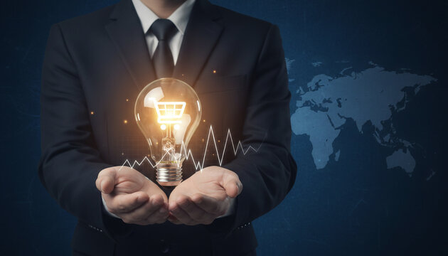 Businessman holding bright idea lightbulb with shopping cart icon and growth chart.