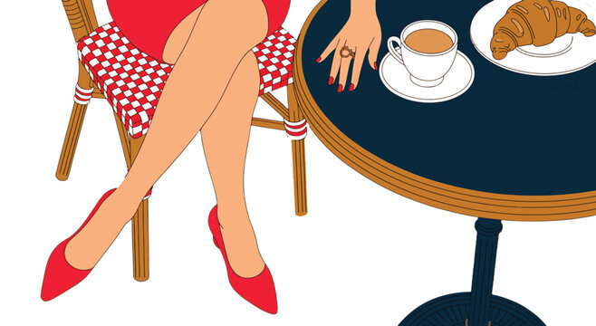 Parisian Cafe Ambiance: A stylish woman in a red dress enjoys a coffee and croissant at a classic Parisian bistro table, embodying effortless chic and a moment of indulgence.