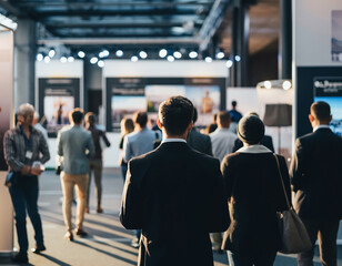 Fototapeta premium Professionals networking at a modern trade exhibition and business expo. Corporate communication, industry connections and commercial partnerships in a vibrant exhibition hall. 