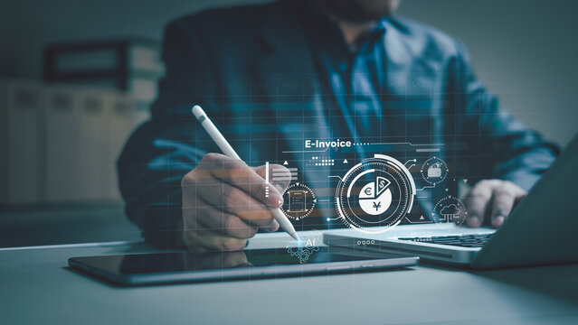 invoice electronic finance accounting billing money process service user.Business professional using electronic invoicing platform with digital billing, accounting automation and tax management.