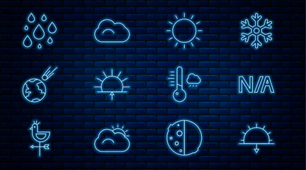 Set line Sunset, Not applicable, Sunrise, Comet falling down fast, Water drop, Meteorology thermometer and Cloud icon. Vector © vector_v