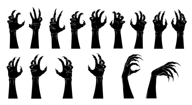 Halloween monster hands, black claw silhouettes, 13 zombie hand gestures, spooky vector icons, creepy fingers
