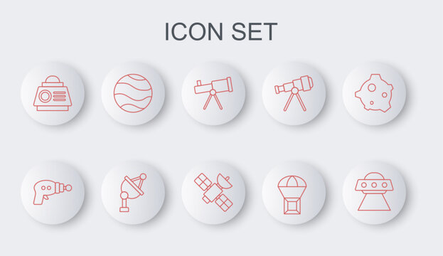Set line UFO flying spaceship, Ray gun, Telescope, Box on parachute, Space capsule, Planet, Satellite dish and icon. Vector