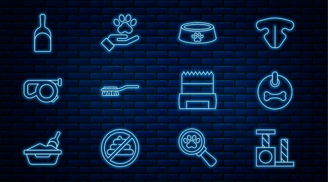 Set line Cat scratching post, Dog collar, Pet food bowl, Hair brush for dog and cat, Retractable cord leash, Dustpan, shit bag and Hands with animals footprint icon. Vector